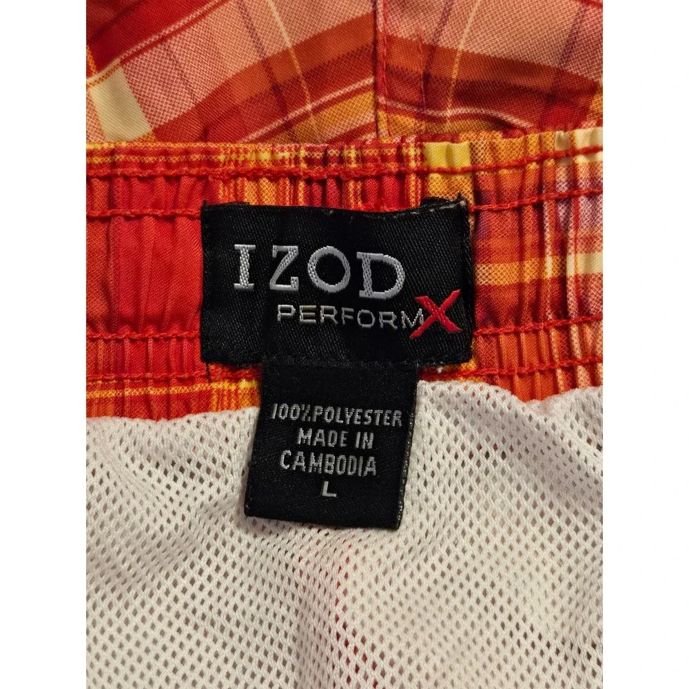 IZOD PerformX Boys Swim‎ Trunks Orange Red Plaid Board Shorts Size L Large